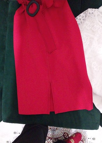 Kırmızı Kısa Kollu Kemerli elbise - Görsel 5