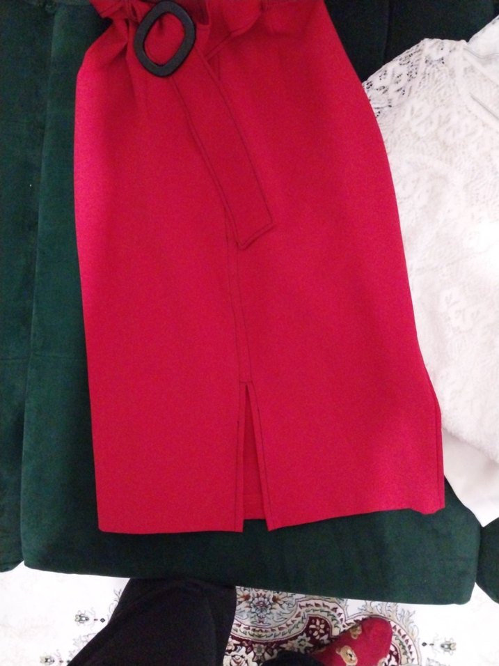 Kırmızı Kısa Kollu Kemerli elbise - Görsel 5