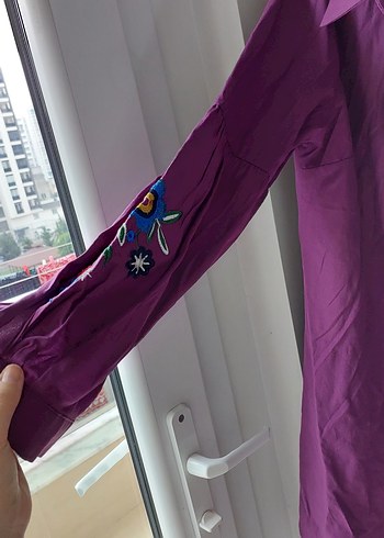 Uzun Kollu, Nakışlı Mor Keten Gömlek - Görsel 4