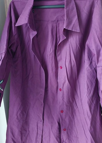 Uzun Kollu, Nakışlı Mor Keten Gömlek - Görsel 2