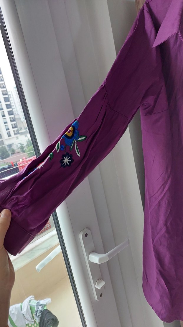 Uzun Kollu, Nakışlı Mor Keten Gömlek - Görsel 4