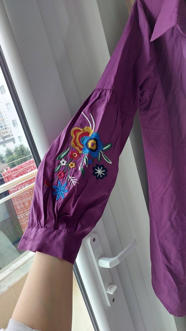 Uzun Kollu, Nakışlı Mor Keten Gömlek - Görsel 3