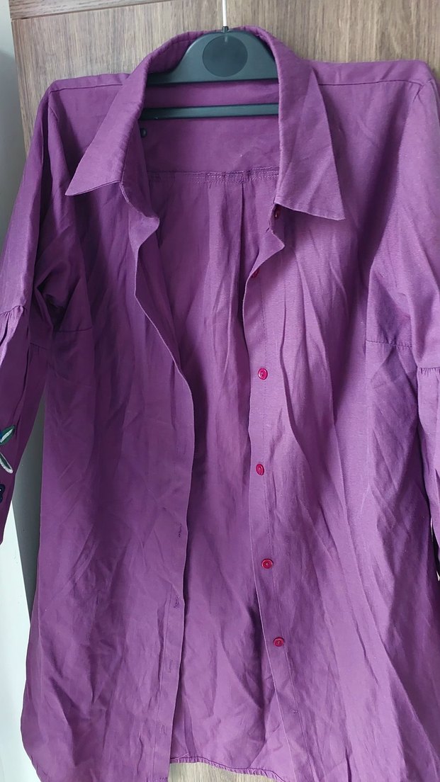 Uzun Kollu, Nakışlı Mor Keten Gömlek - Görsel 2