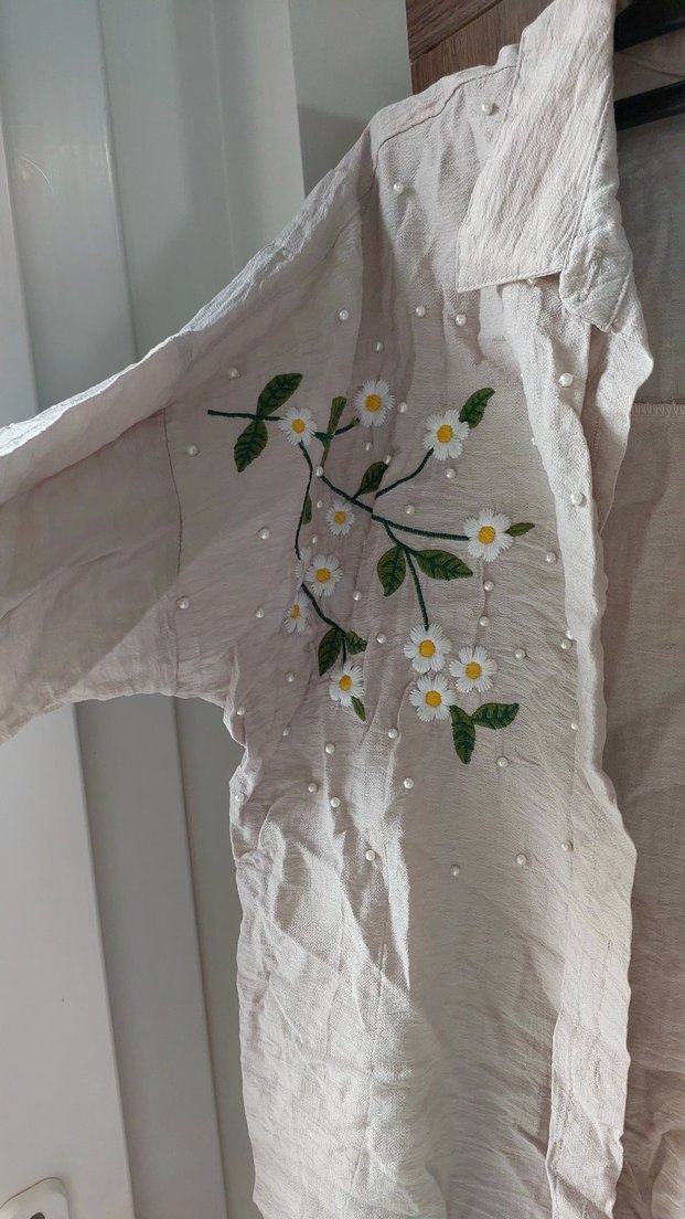 Nakışlı Gri Keten Kadın Gömlek - Görsel 2