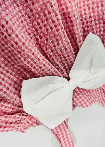 Pamuklu Beyaz Fiyonklu pembe elbise - Görsel 2