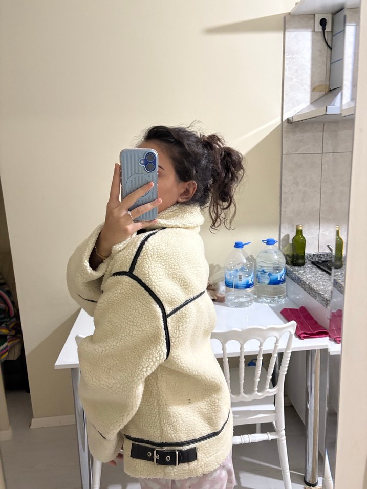 Bej Kadın Peluş Midi Ceket - Görsel 2