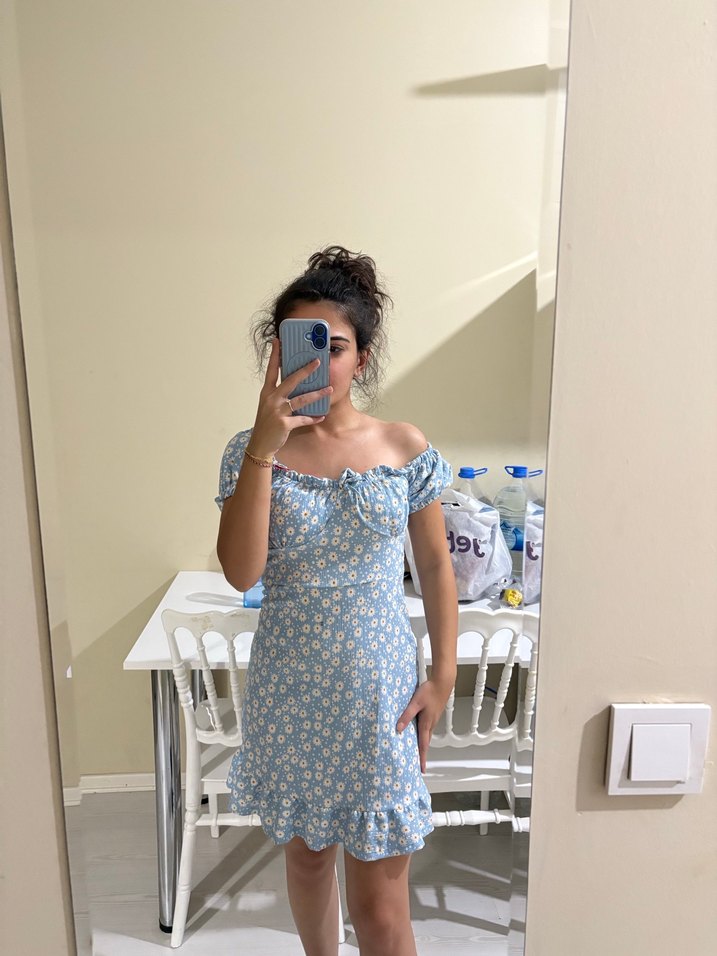 Mavi Midi Boy Bağcıklı Bohem Elbise - Görsel 2