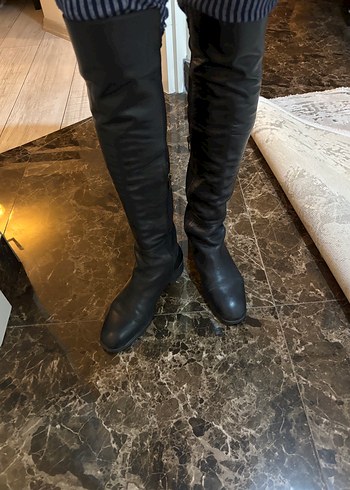 Kadın Siyah Deri Diz Üstü Tokalı Bot - Görsel 2