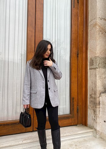 Gri Kadın Midi Yün Blazer Ceket