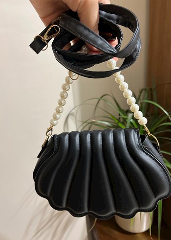 İnci Askılı Siyah Deri Kadın Çanta - Görsel 2