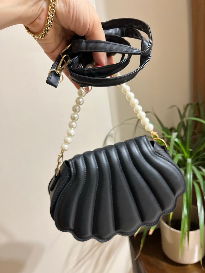 İnci Askılı Siyah Deri Kadın Çanta - Görsel 3