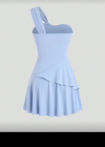 Mavi Drapeli Tek Omuz Mini Elbise - Görsel 2