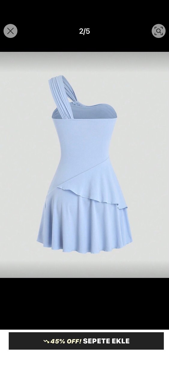 Mavi Drapeli Tek Omuz Mini Elbise - Görsel 2