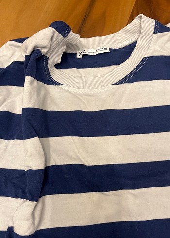 Zara Mavi Beyaz Çizgili kadın crop Tişört