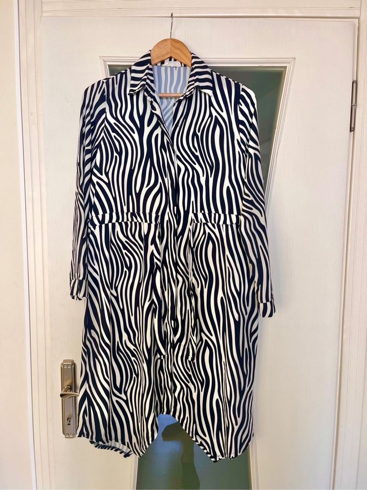 Renkli Zebra Desenli Kemerli Gömlek Elbise - Görsel 2