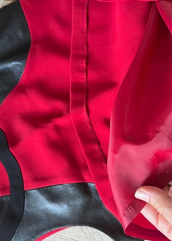 Koyu Kırmızı Deri Detaylı Elbise - Görsel 10