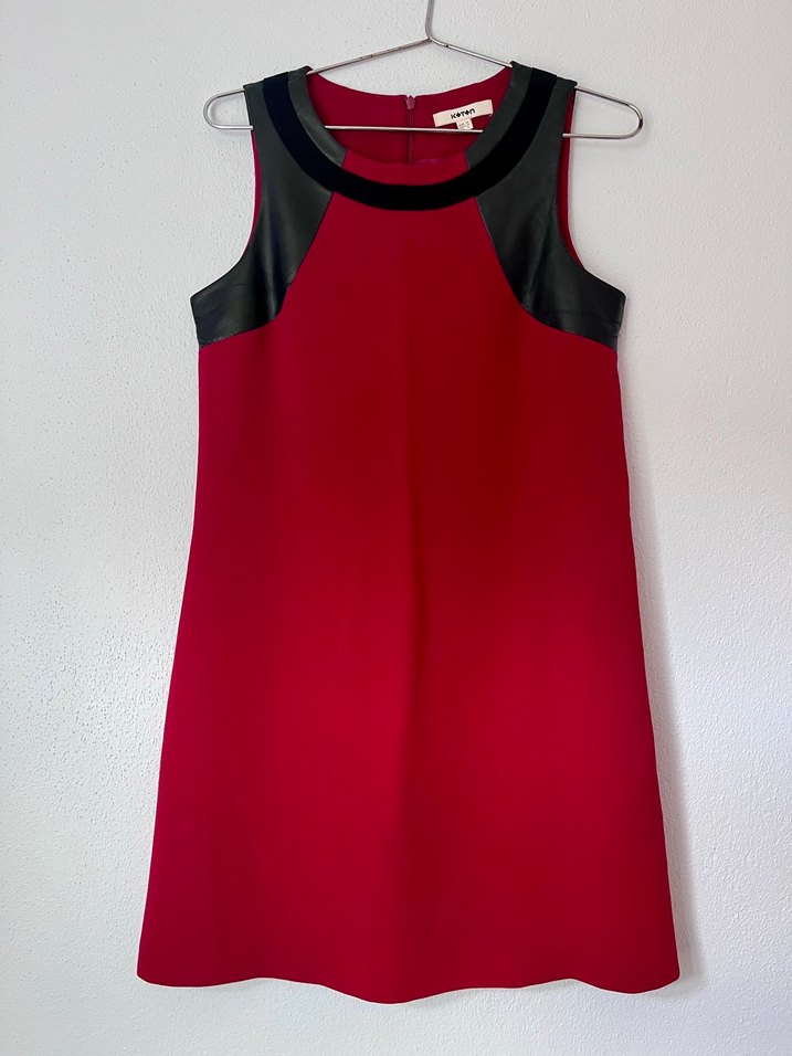 Koyu Kırmızı Deri Detaylı Elbise - Görsel 2