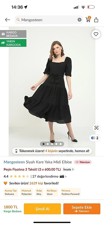 Mango Midi Siyah Elbise Etiketli