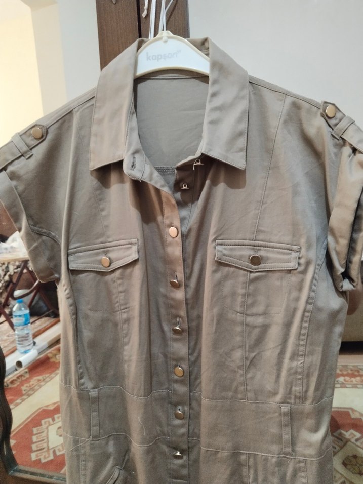 Bej Keten Düğmeli Midi Elbise - Görsel 2