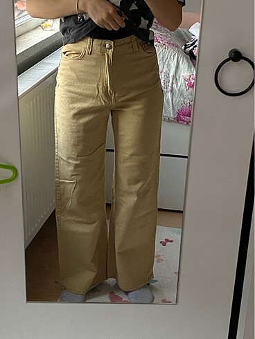 Krem rengi BERSHKA wide leg pantolon