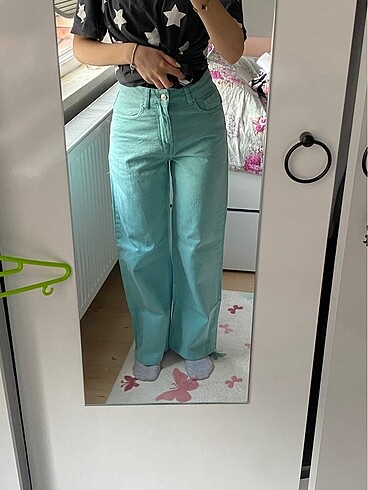 Su yeşili wide leg jean