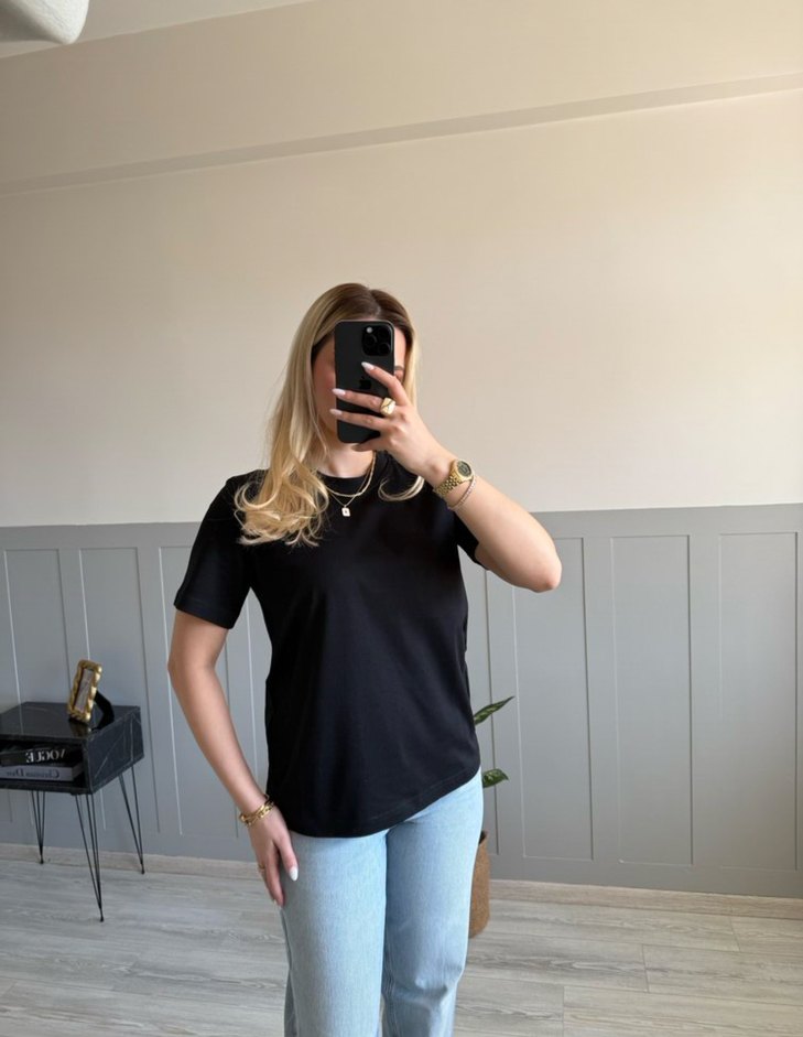 Siyah Organik Pamuk Basic Tişört - Görsel 3