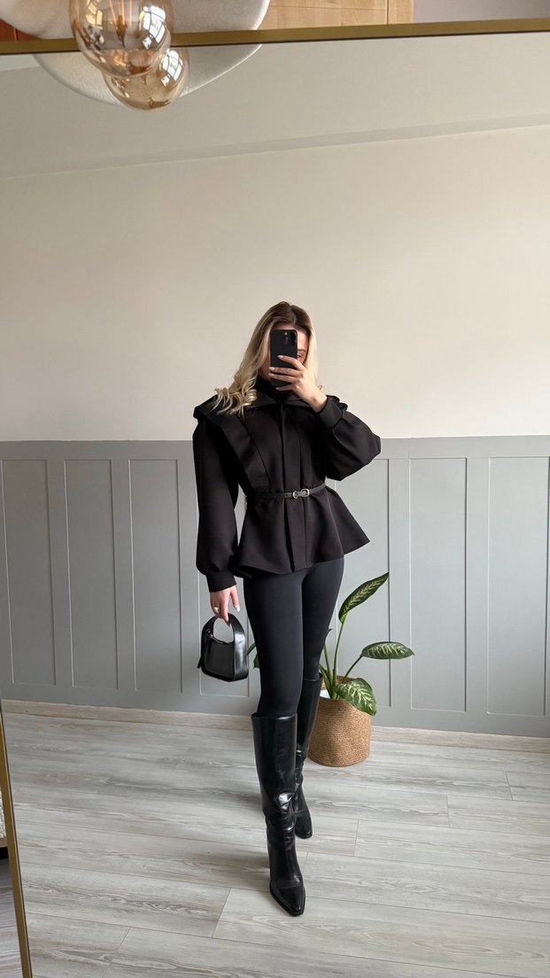 Kadın Siyah Deri Kemerli Kısa Ceket - Görsel 2