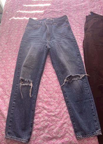 Kadın Mavi Bol Kesim Yırtık Kot Pantolon Mom jean