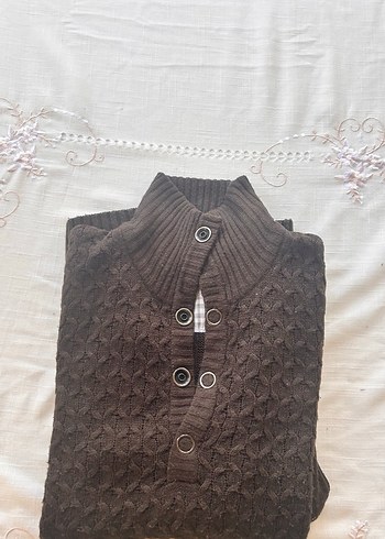 Kahverengi Örgü Yarım Düğmeli Erkek Kazak - Görsel 5