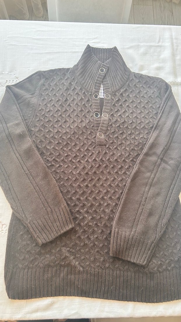 Kahverengi Örgü Yarım Düğmeli Erkek Kazak - Görsel 2