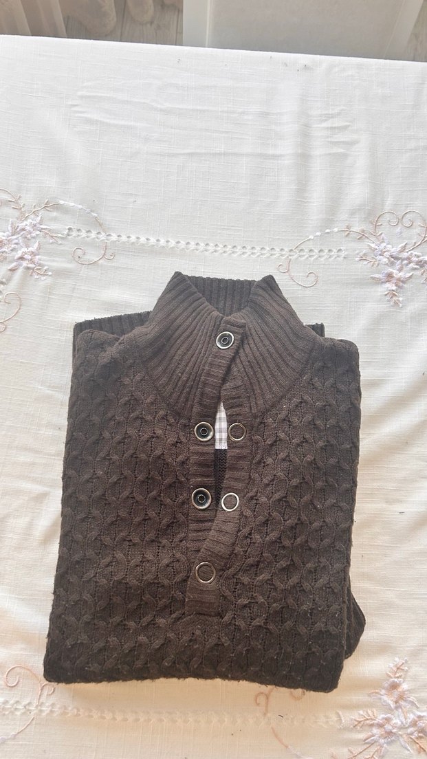 Kahverengi Örgü Yarım Düğmeli Erkek Kazak - Görsel 5