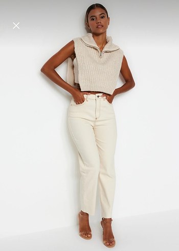Trendyolmilla Ekru yüksek bel mom jean - Görsel 3
