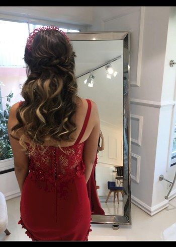 Kırmızı Dantel İşlemeli Uzun Abiye Elbise - Görsel 2