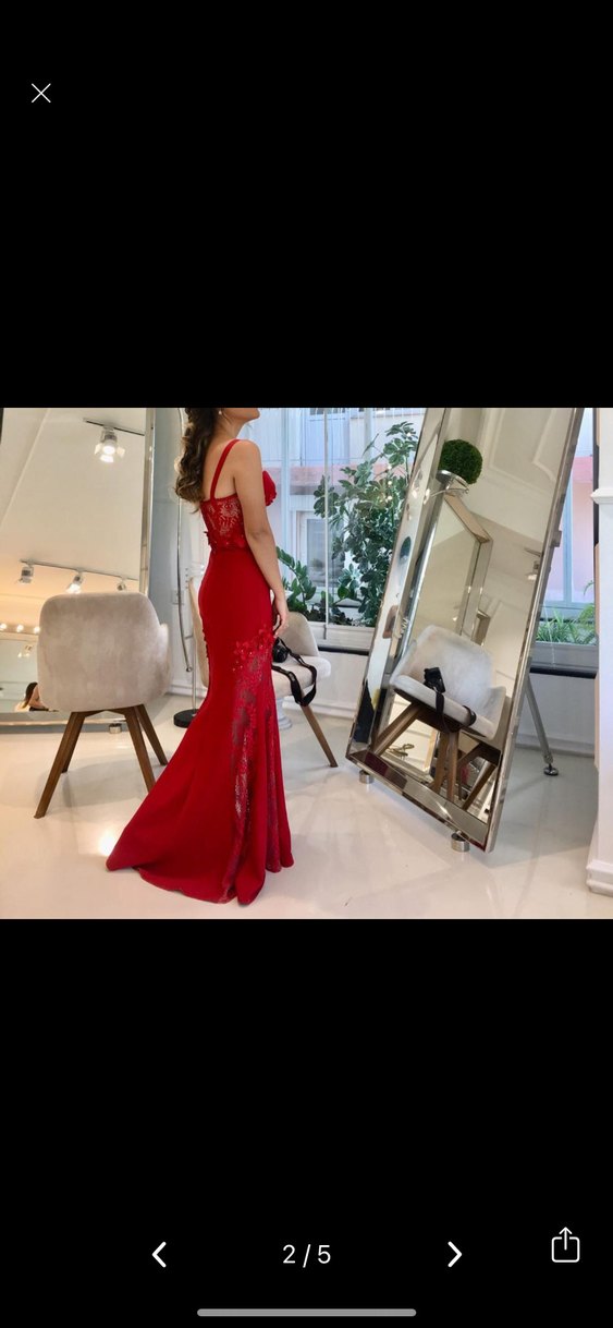 Kırmızı Dantel İşlemeli Uzun Abiye Elbise - Görsel 3