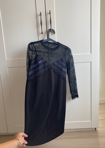 Uzun Kollu Siyah Dantel Midi Elbise - Görsel 4