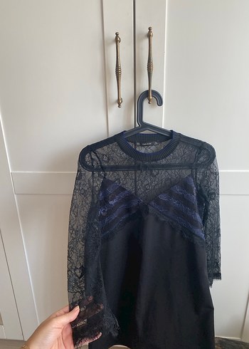 Uzun Kollu Siyah Dantel Midi Elbise - Görsel 3