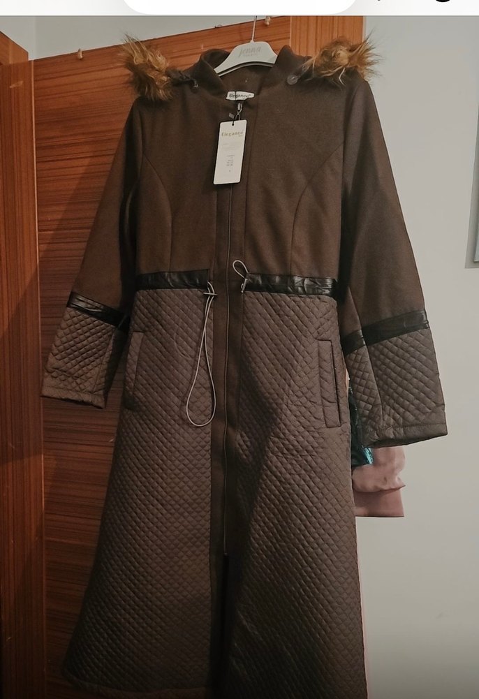 Kahverengi Uzun Kadın Kemerli Ceket - Görsel 2