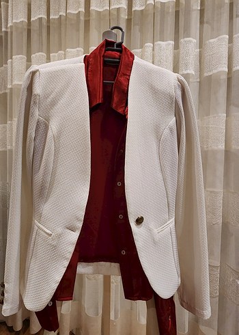 Beyaz Düğmeli Kadın Klasik Blazer Ceket - Görsel 10