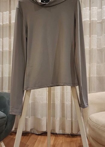 Kadın Bej Uzun Kollu Yüksek Yaka kapüşonlu spor bluz - Görsel 2