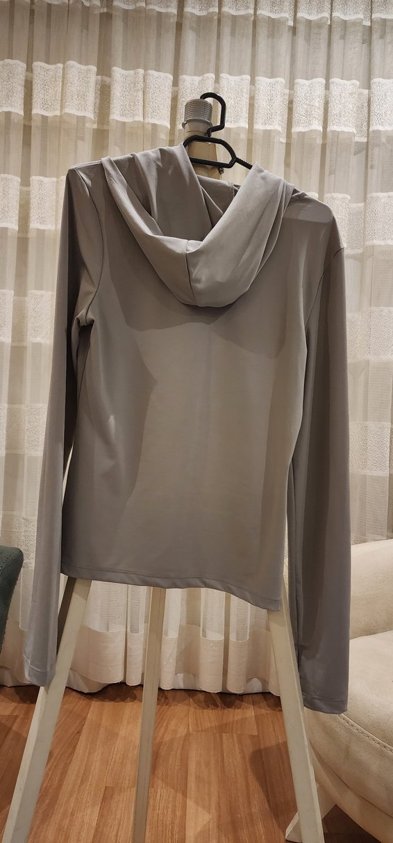 Kadın Bej Uzun Kollu Yüksek Yaka kapüşonlu spor bluz - Görsel 5