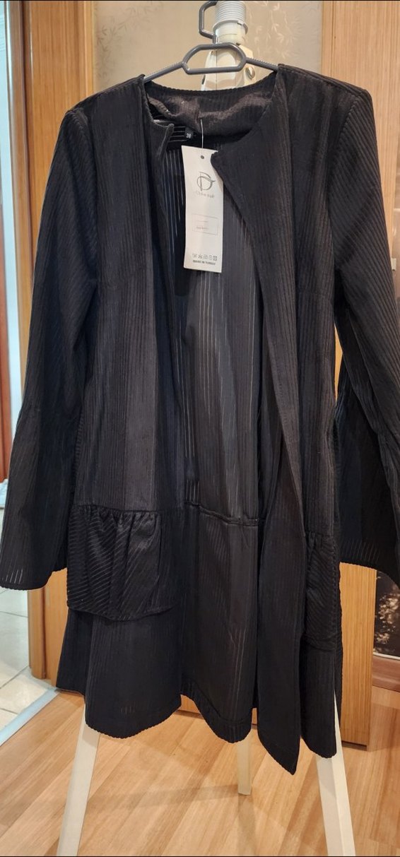 Uzun Kollu Pliseli Siyah Kadın mevsimlik ceket - Görsel 5