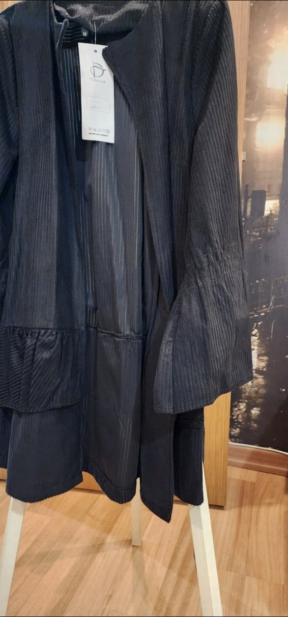 Uzun Kollu Pliseli Siyah Kadın mevsimlik ceket - Görsel 2