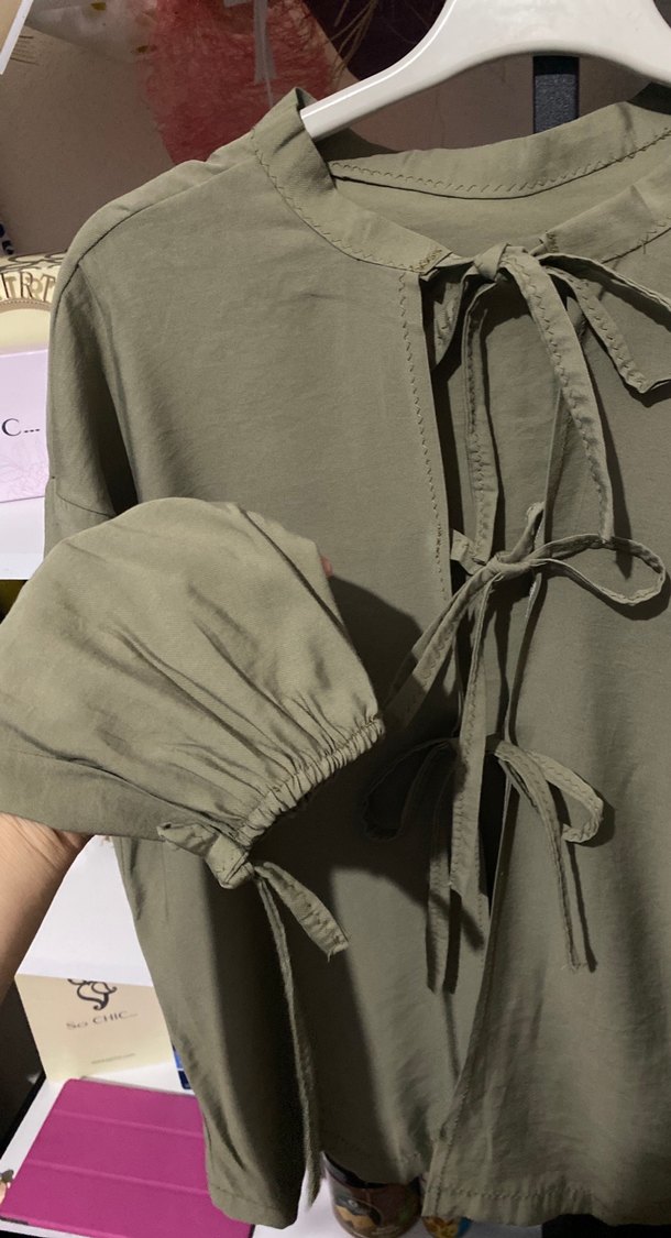 Kadın Haki Uzun Kollu Fiyonklu Bluz - Görsel 2