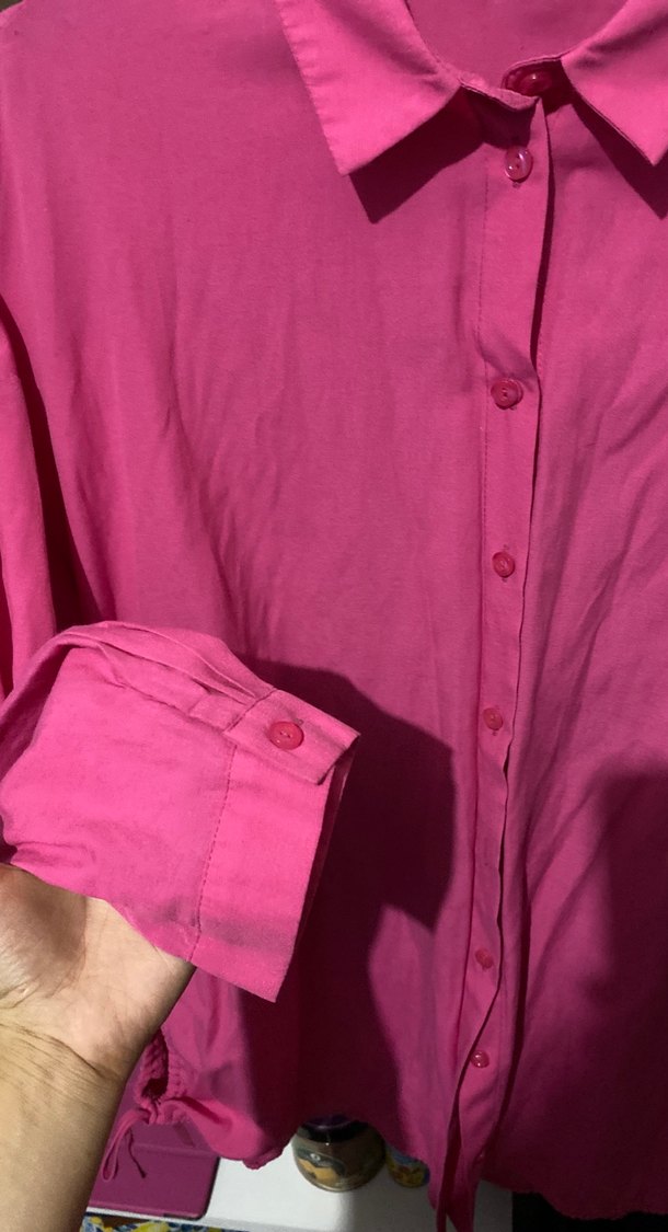 Pembe Uzun Kollu Düğmeli Kadın Gömlek - Görsel 4