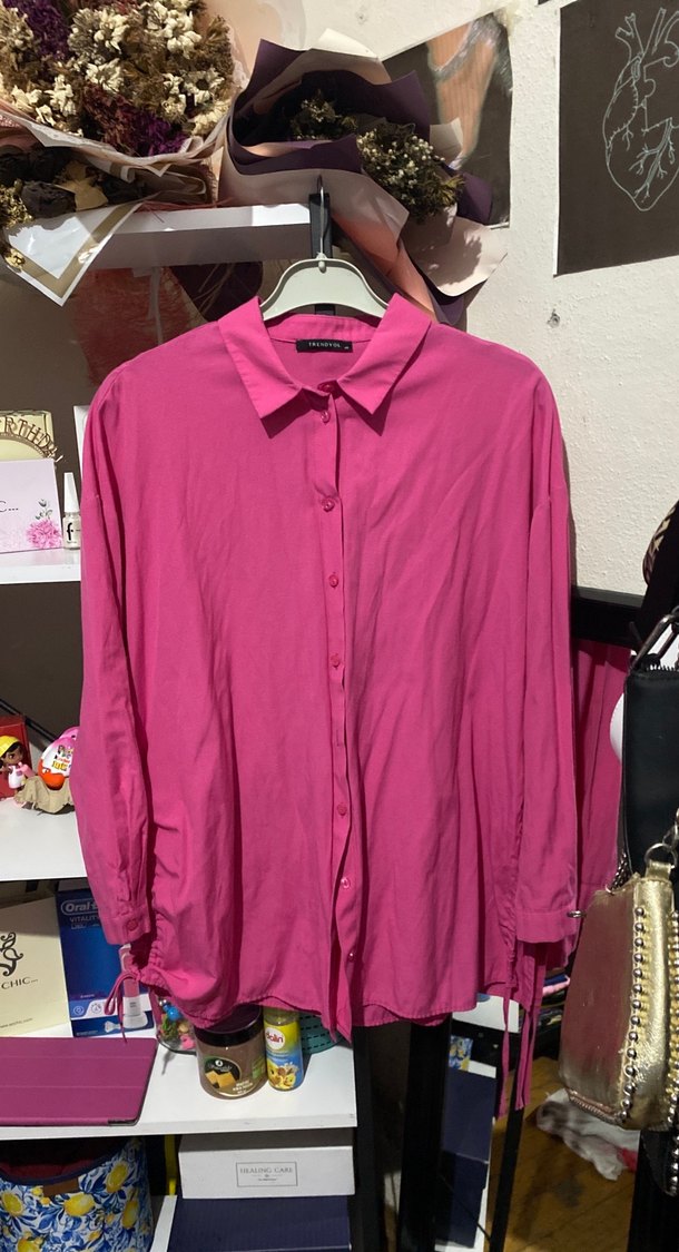 Pembe Uzun Kollu Düğmeli Kadın Gömlek - Görsel 5