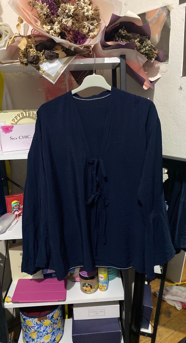 Lacivert V Yaka Uzun Kollu Salaş kimono - Görsel 3