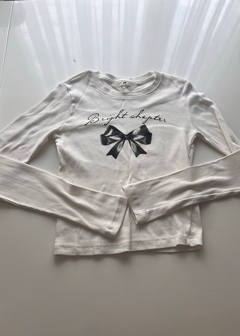 Kız Çocuk Beyaz Baskılı Fiyonk Detaylı Tişört - Görsel 4