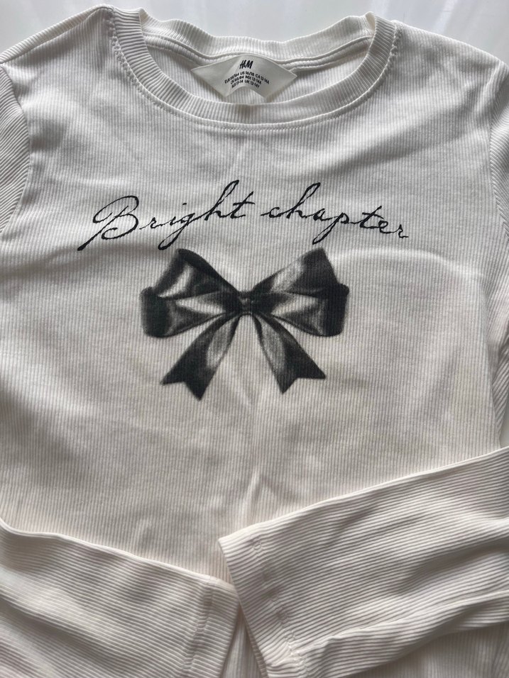 Kız Çocuk Beyaz Baskılı Fiyonk Detaylı Tişört - Görsel 3