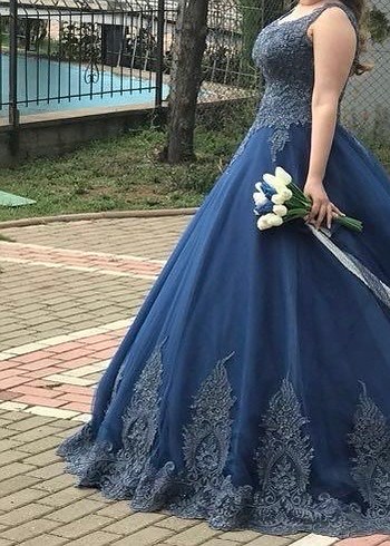 Dantel İşlemeli Lacivert Uzun Nişan Elbisesi - Görsel 2
