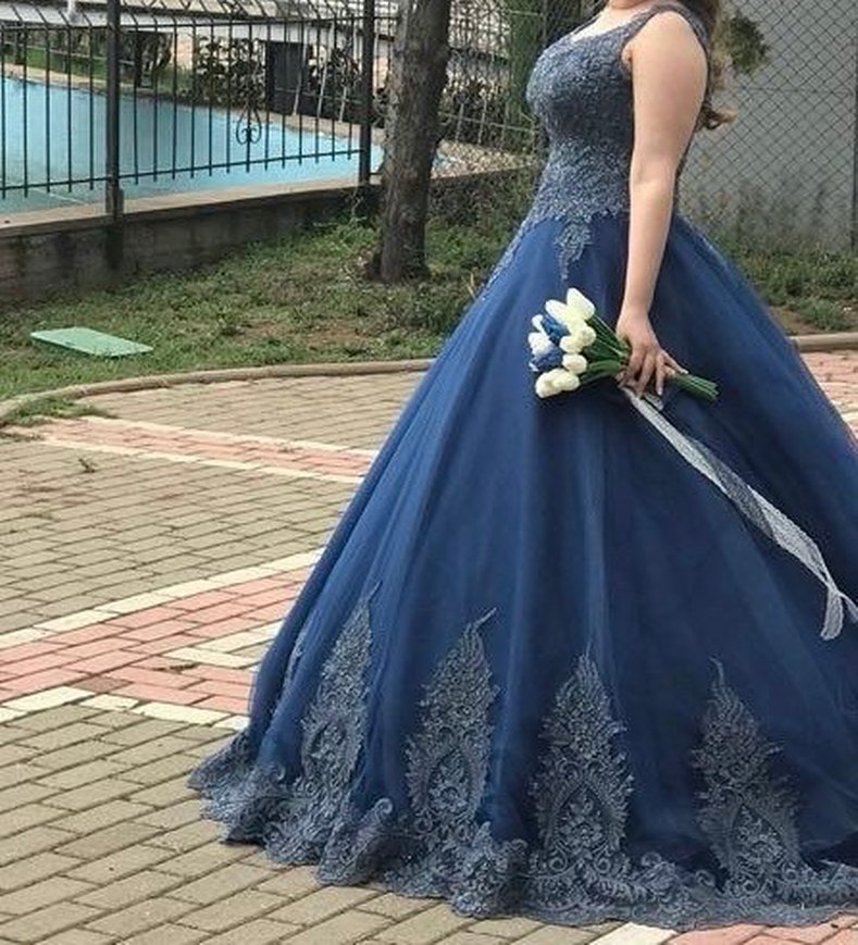 Dantel İşlemeli Lacivert Uzun Nişan Elbisesi - Görsel 2